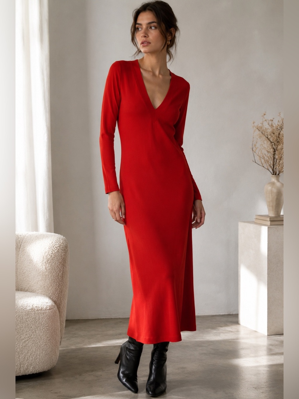 Zara Red Ribbed Knit Midi Dress Small Long Sleeve V-Neck Bodycon Minimalist - Picture 10 of 10